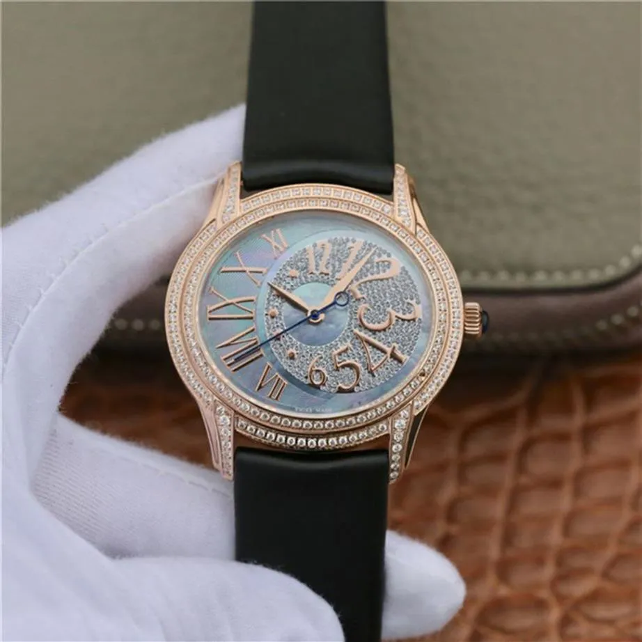 77303BC Diamond Watch Montre de Luxe 35mmx39 5mm Automatisk mekanisk rörelse rostfritt stål fodral läderband Kvinnor Klockor274e