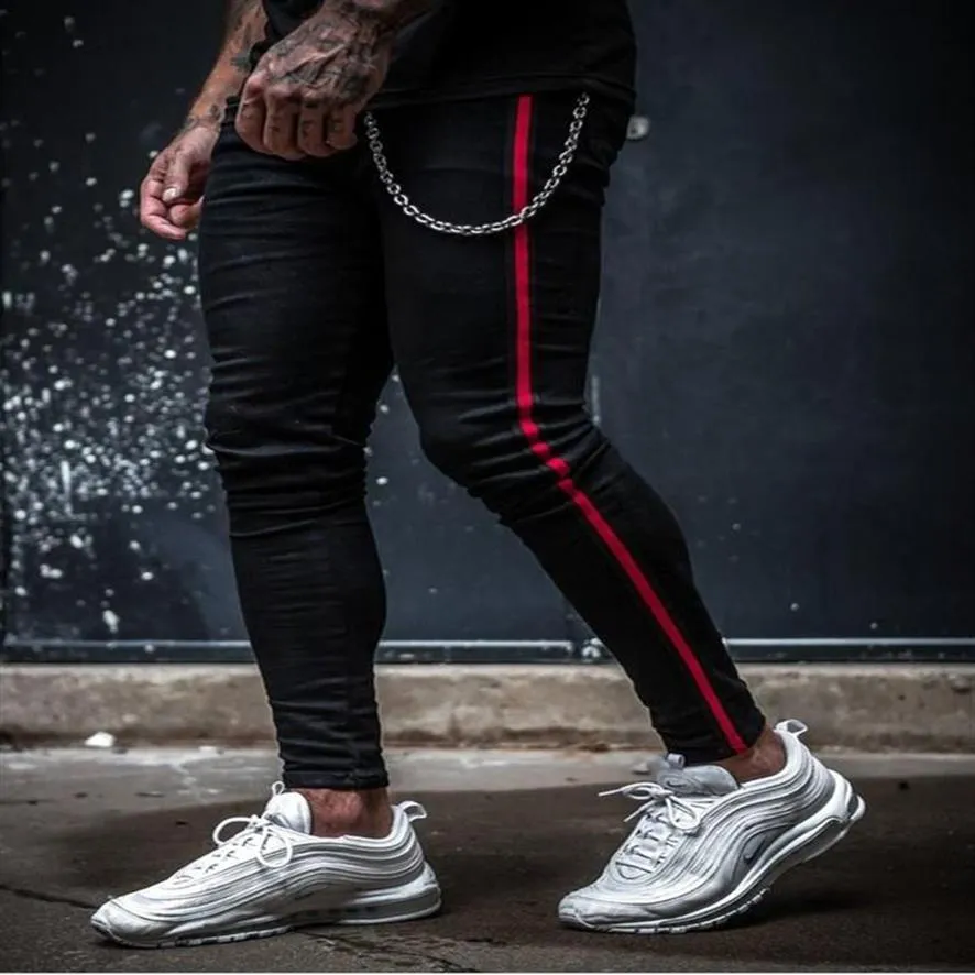 Homens preto magro lado listra jeans hip hop streetwear cor sólida plus size fino ajuste de algodão leve masculino 2021215r