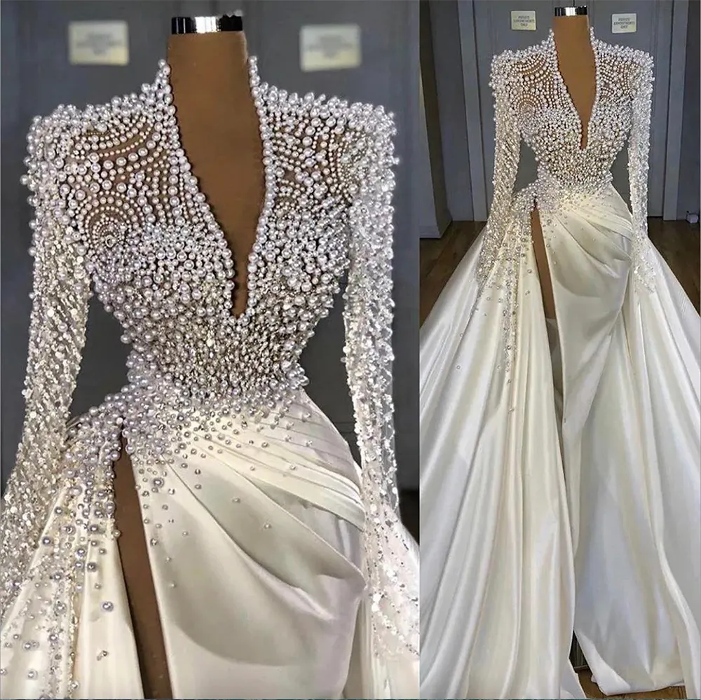 Luxury Pearls Beaded Mermaid Wedding Dresses with Overskirt High Split Deep V Neck Long Sleeves Satin Ruched Pleats Custom Made