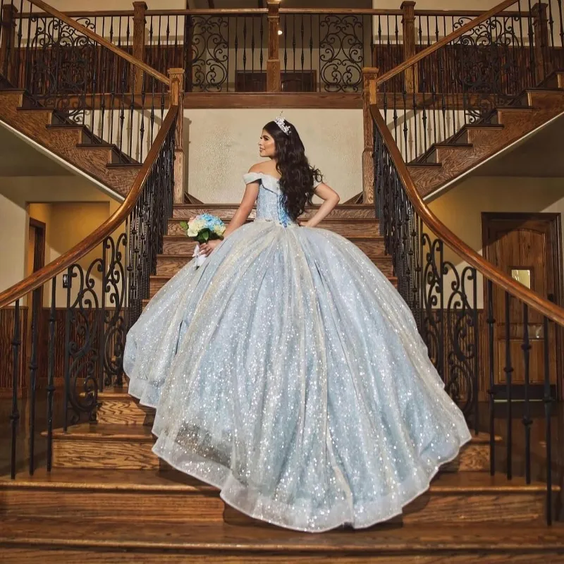 Céu azul brilhante querida quinceanera vestidos fora do ombro contas cinderela princesa vestidos de baile de 15 anos