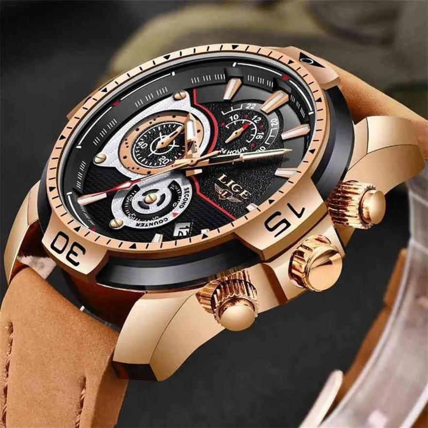 LIGE Mens Watches Top Brand Luxury Casual Leather Quartz Clock Male Sport Waterproof Watch Gold Watch Men Relogio Masculino 210329243H