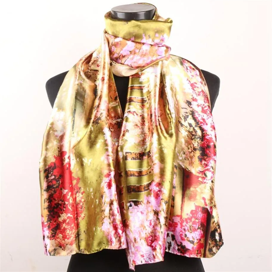 1st Red Pink Cherry Blossoms Fences Scarves Gold Women's Fashion Satin Oil Målning Lång wrap Shawl Beach Silk Scarf 160x50C311x