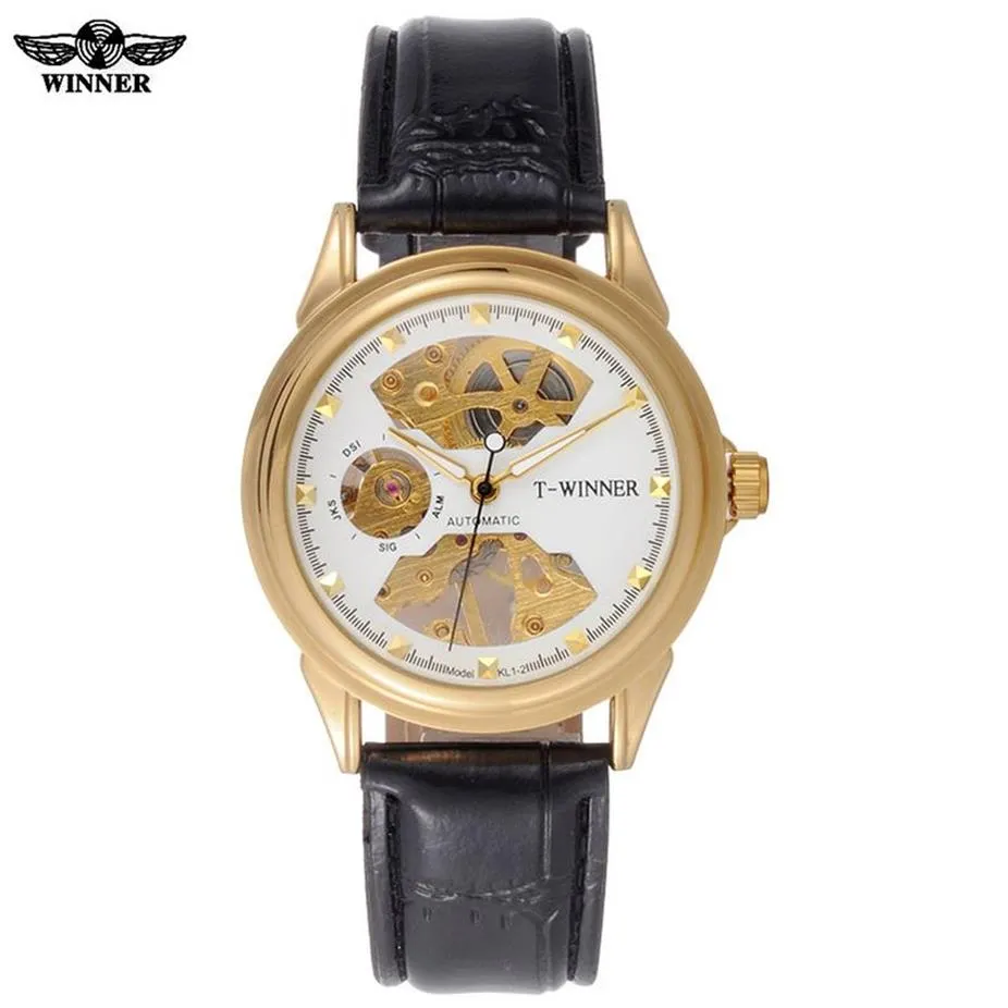 Män mekaniska klockor skelettklockor Vinnare Brand Business Hand Wind Wristwatches For Men Leather Strap Female Present Clock2687