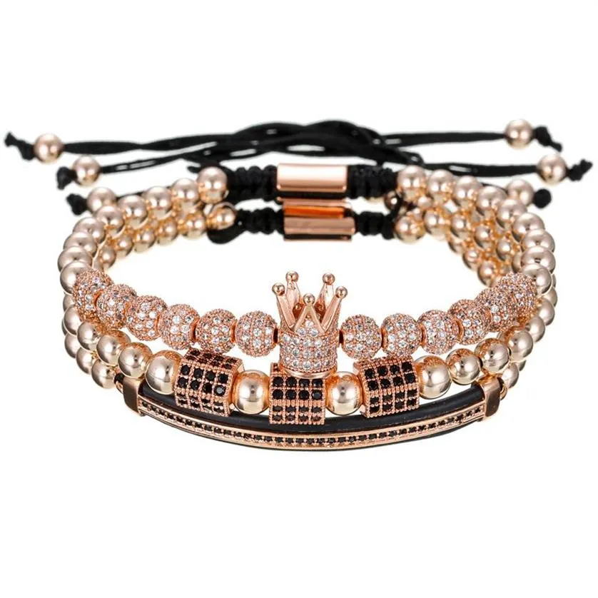 CZ Hexagone 3pc ensemble Micro CZ Couronne Bracelet Perles De Cuivre De Luxe Designer Bijoux Tissé Hommes Bracelets Gift237V