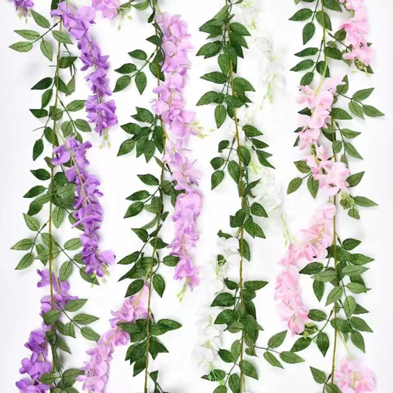 Decorative Flowers 1.8M Wisteria Flower String Tree Vine Strip Bean Fake Plant Leaf Wreath Romantic Wedding Home Decoration