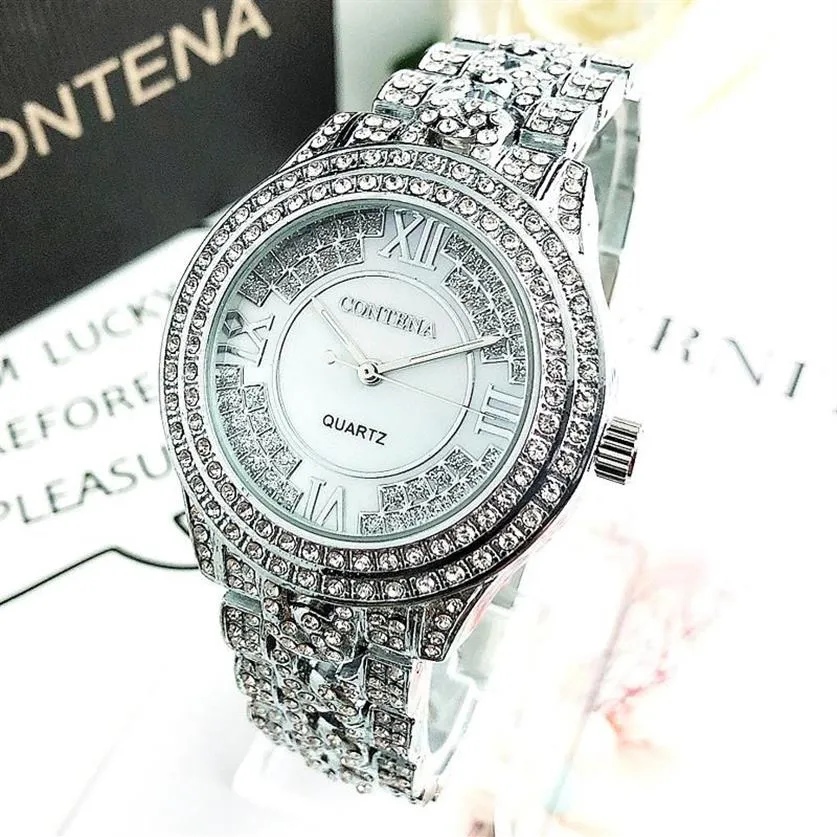 Zegarstka na rękę Contena 6449 Women Watches damskie stal nierdzewna Srebro Srebrny Diamentowy Zegarek Wodoodporny kwarcowy nadgarstek dla WOM249A