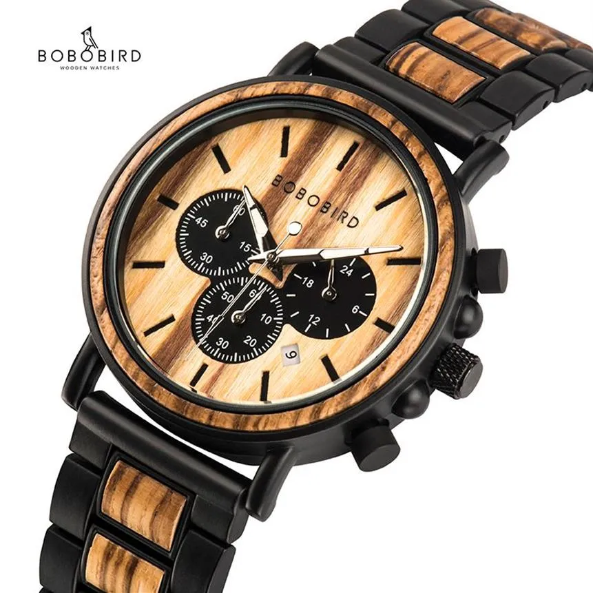 BOBO BIRD Houten Horloge Heren erkek kol saati Luxe Stijlvolle Houten Uurwerken Chronograaf Militaire Quartz Horloges in Houten Geschenkdoos 210303m