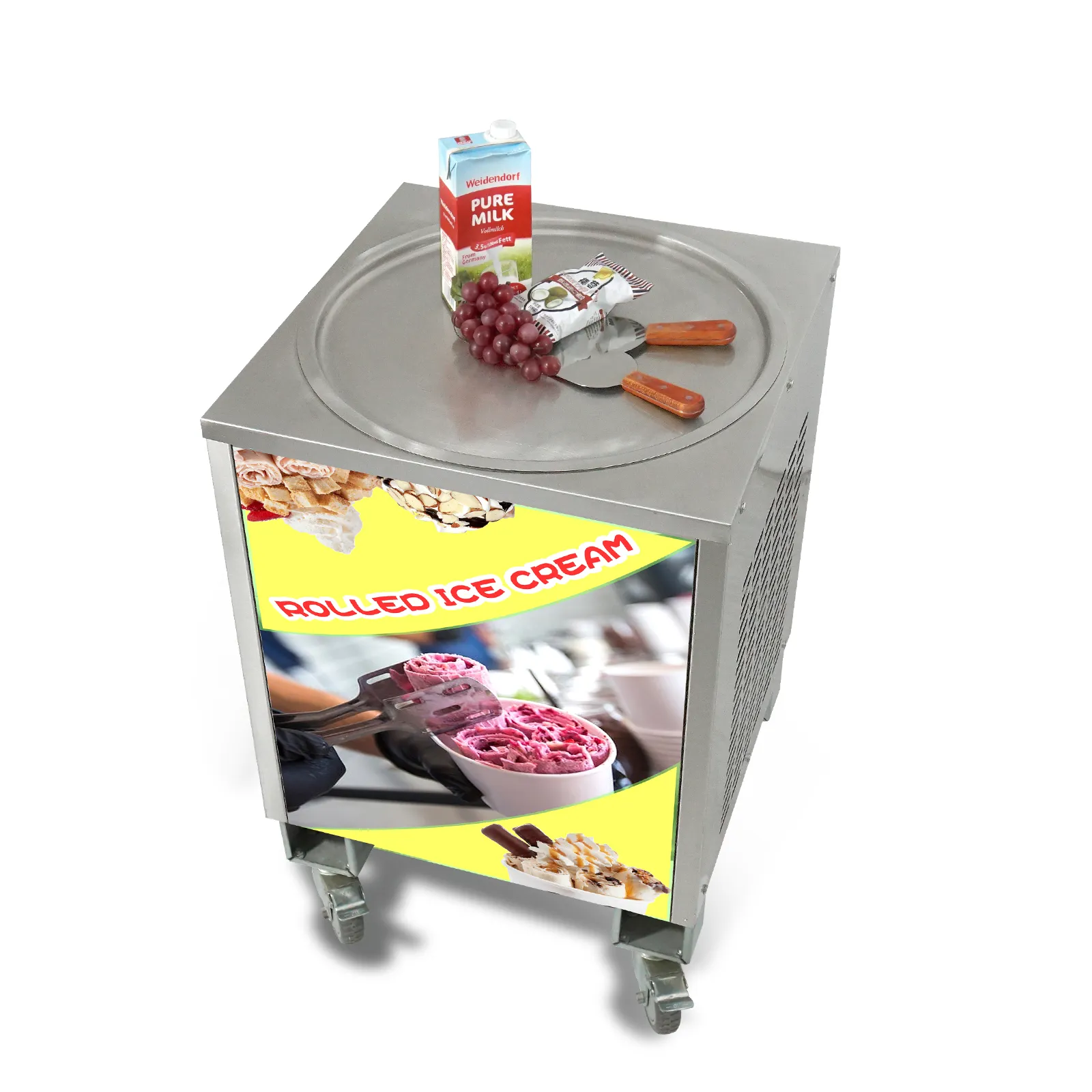 Gratis leveranskök enstaka runda 50 cm Pan Thai Ice Cream Machine med Auto Defrost PCB av smart temperatorkontroller