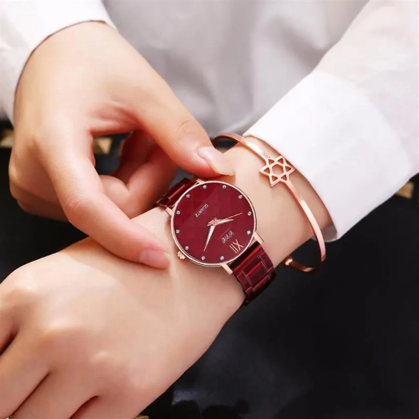 Наручные часы, модные элегантные красные женские часы, женские часы из нержавеющей стали, роскошные кварцевые со стразами, женские светящиеся магнит314V