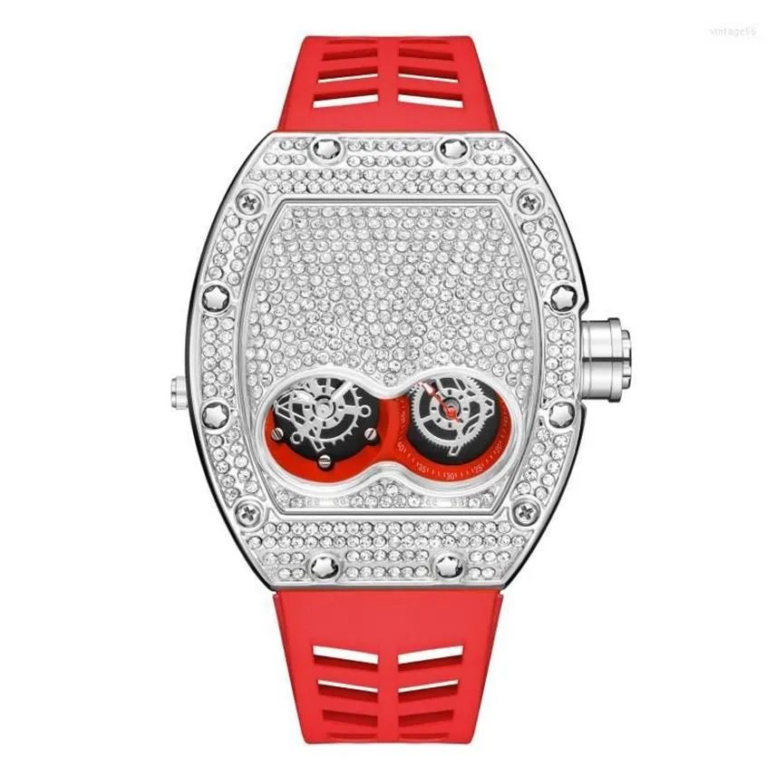 Relógios de pulso Pintime Original Luxo Full Diamond Iced Out Watch Bling-Ed Rose Gold Case Vermelho Silicone Strap Quartz Relógio para Men2051