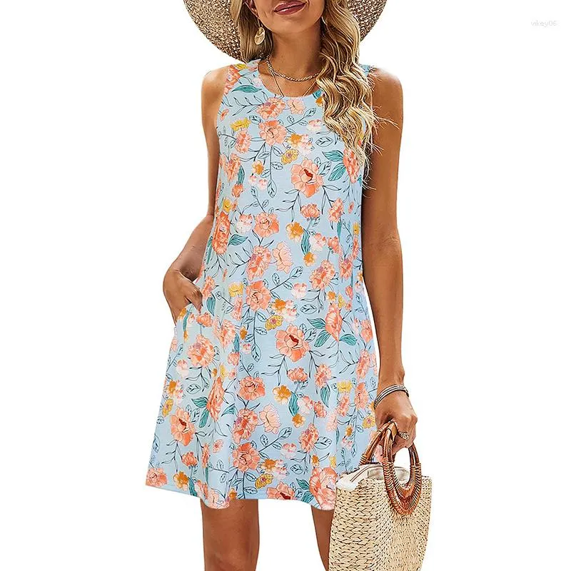 Casual Dresses Summer Fashion Women's Beach Floral T-shirt Sundress Sleeaveless Pockets Loose Overdimensionerad tankklänning för kvinnor