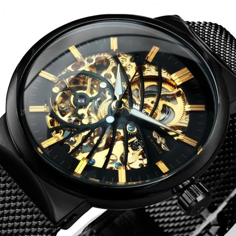Ultra Thin Automatic Mechanical Watch Men Gold Bird Pattern Design Mesh Strap Skeleton Wrist Wrist Watches260h