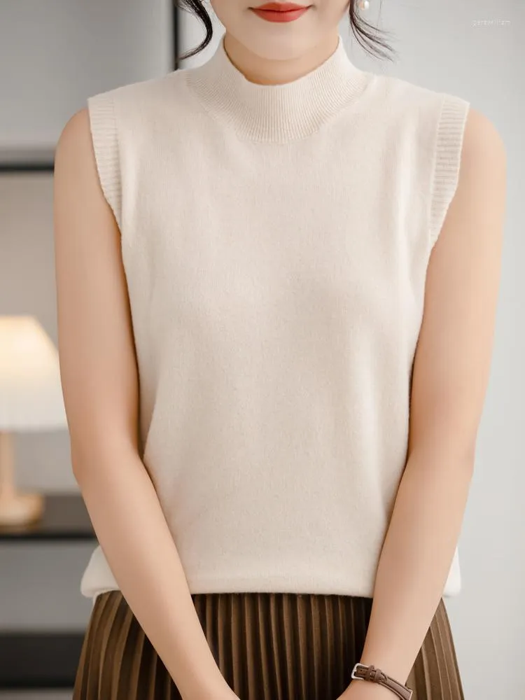 Women's Sweaters Cashmere Merino Wool Women Mock Neck Vest Autumn Winter Knitted Loose Sleeveless Female Pullover Sweater Shirt