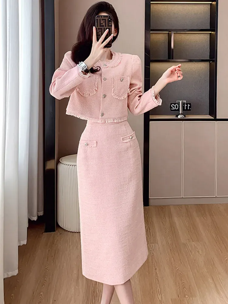 Vestido de duas peças high-end novo outono inverno francês pequena fragrância estilo tweed duas peças conjunto feminino luxo rosa lã saia longa conjuntos 2024