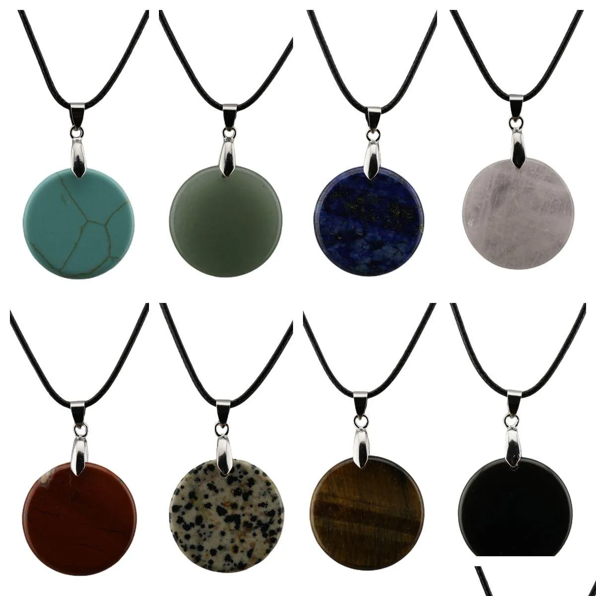 Pendant Necklaces Natural Gemstone Donut Necklace Black Cord Flat Circle Round Beads Crystal Healing Chakra Jewelry Drop Delivery Pend Dhvnq