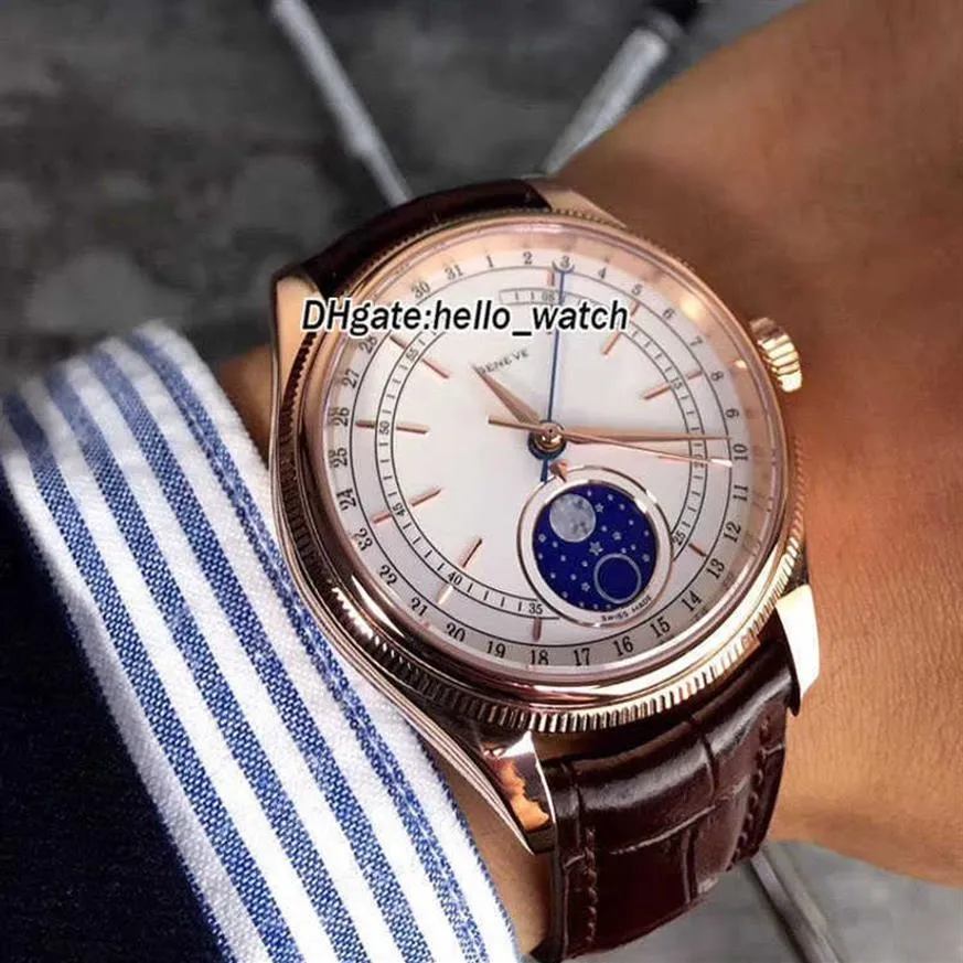 Designer relógios baratos 39mm Cellini Moonphase 50535 M50535 Dial Branco Automático Mens Watch Rose Gold Case Leather Strap Sapphire D254S