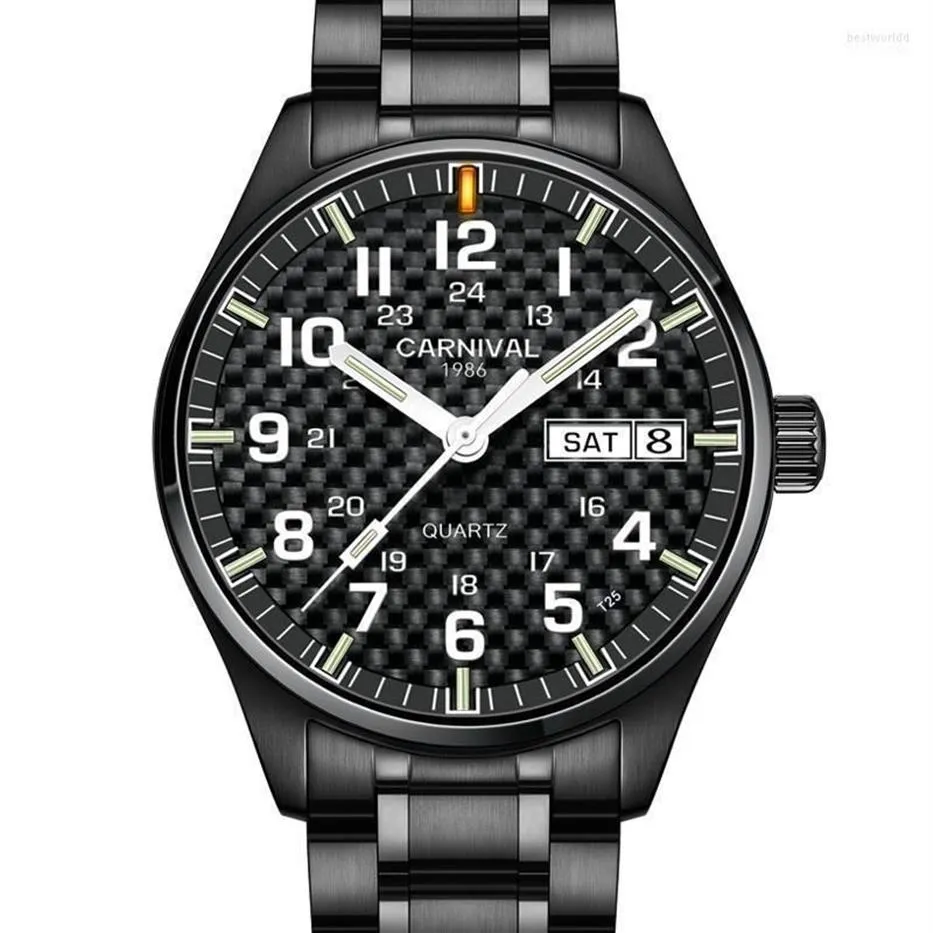 Armbanduhren Karneval Top Quarzuhr Männer T25 Tritium Leuchtende Herren Schwarz Vollstahl Wasserdichte Uhren Relojes240g