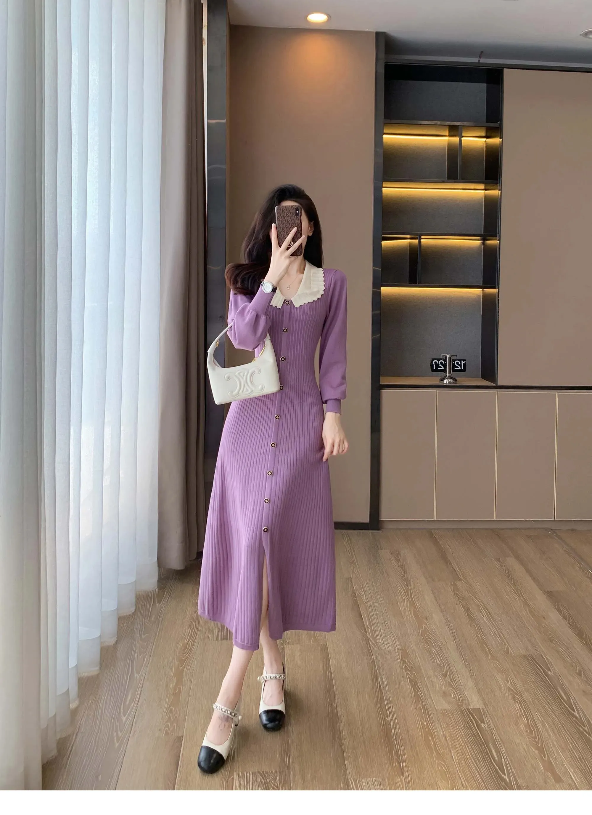 French Vintage Style Purple Sweater Dress with Lapel and Long Sleeves for Women - High End Casual Sweating Dress for Autumn/Winter (2024)