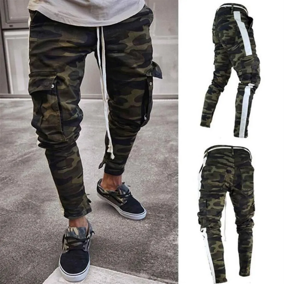 2020 calças de brim estiramento dos homens de rua casual calças de carga camuflagem calças do exército design hip hop tornozelo zíper jogger fino ajuste men279n