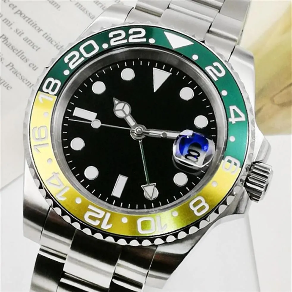 Moda niebieska zielona Wysokiej jakości Wysokiej jakości gmt zegarek 40 mm stal ze stali nierdzewnej łańcuch zegarków Sapphire Glass Rotary Ceramic Fram304p