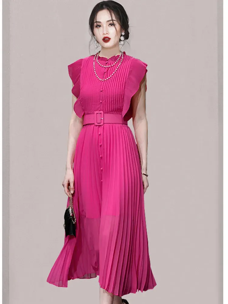 French Pink Sleeveless Dress with Belt - Women's Summer Casual Dress