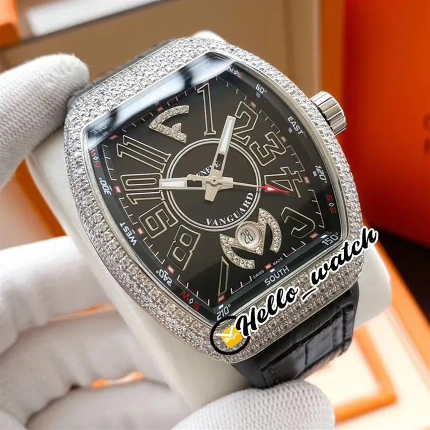 New Vanguard Crazy Hours V45 자동 남성 시계 다이아몬드 베젤 검은 다이얼 3D 번호 마커 강철 케이스 고무 시계 HEL240D