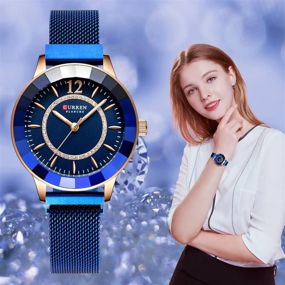 Curren New Rhinestone Fashion Quartz Mesh Steel Watch for Woman docalal Blue Ladies Watch bayan kol saati classy luxuryclock258m