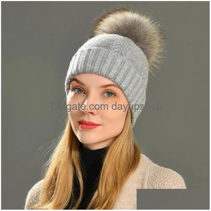 Beanie/Skull Caps Beanies Beanie/Skl Winter Real Raccoon Fur Pom Hat Women Ladies Wool Knitted Cap With Big Fluffy Pompom Cashmere Ang Dhooz