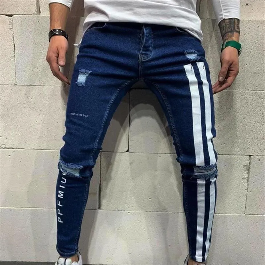 Men's Jeans Men Skinny Denim Biker Side Striped Mens Ripped Pants Destroyed Hole Scratched Zipper Slim Fit Jean Trousers315U