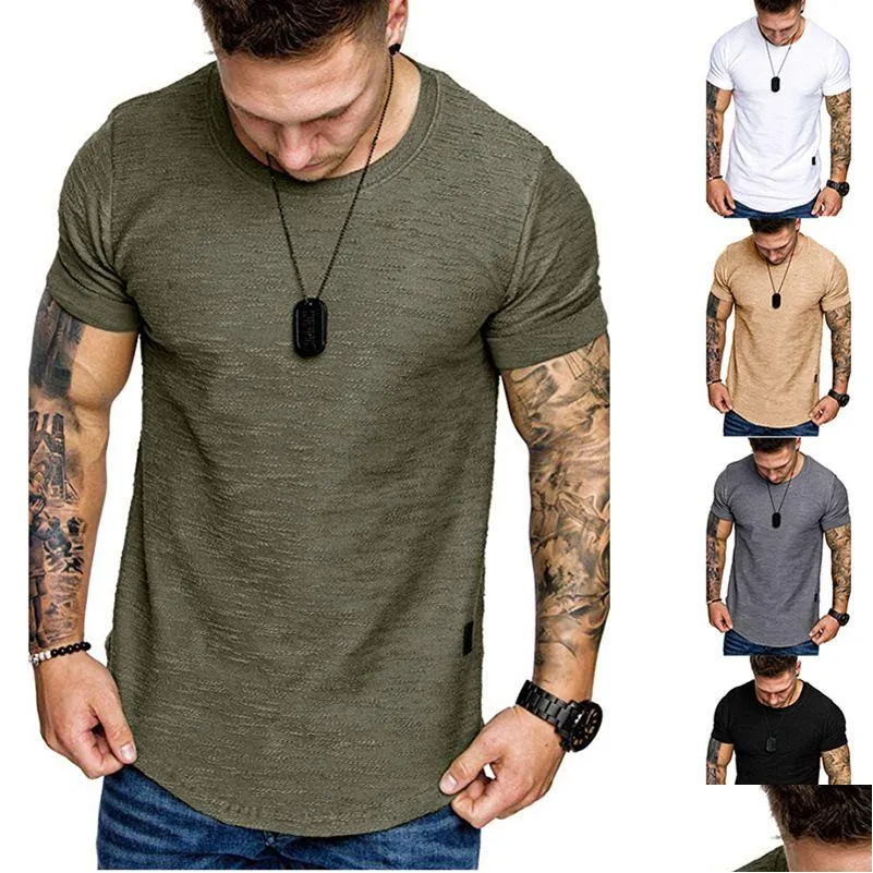 Mens T-Shirts Curved Hem Hip Hop T-Shirt Men Urban Kpop Extended T Shirt Plain Longline Tees Slim Fit Tshirts Military Bodybuilding Ma Dhviy