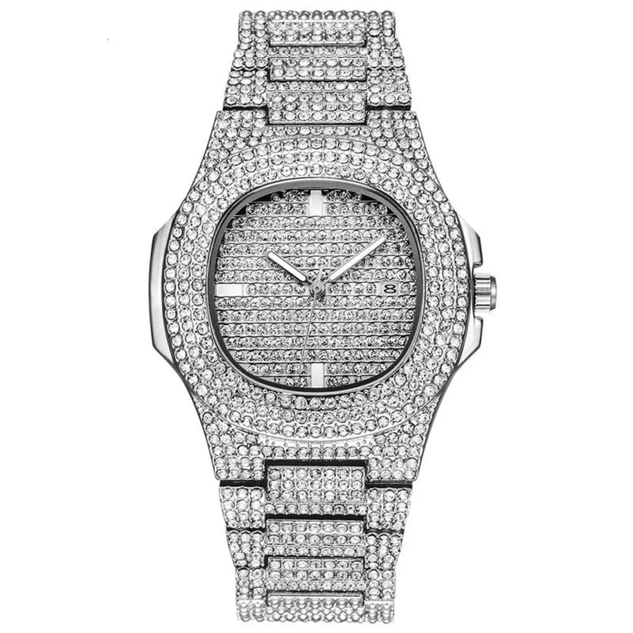 Rol Hip Hop Horloge Bling Diamond Horloge Mannen Zilver Stalen Band Heren Business Quartz Horloges Waterdicht Relogio Masculino319R