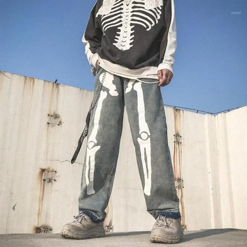 Herr jeans män skelett överdimensionerat svart 2021 denim herr streetwear hip hop man raka byxor byxor overaller w14461238s