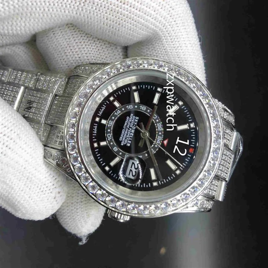 Часы Full Diamond SKY 40 мм, роскошные часы Iced Out, автоматические мужские серебряные часы из нержавеющей стали, черный циферблат, водонепроницаемый комплект из нержавеющей стали Diamond233H
