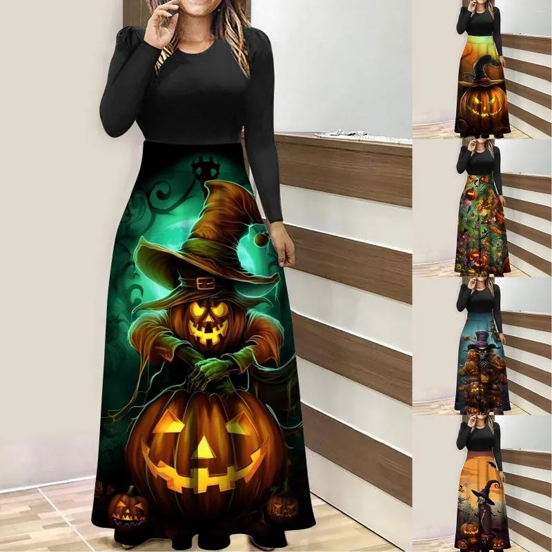 Robes décontractées femmes Halloween couleur unie col rond manches longues robe épissée mode confortable Disfraz Para Mujer