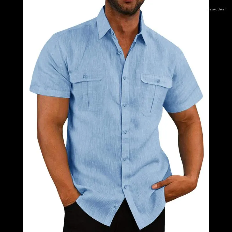 メンズカジュアルシャツソリッドカラーコットンリネンゆったり男性夏の半袖ポケットデザインシャツブラウスファッションバケーショントップ