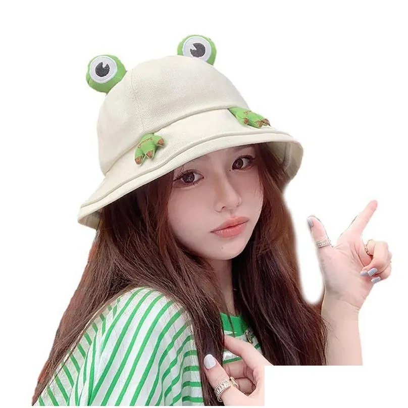 Chapeaux larges chapeaux seau femmes dessin animé petite grenouille double face chapeau de pêcheur style coréen solide escalade en plein air Sunsn Hatwide Drop Deli Dh3HF