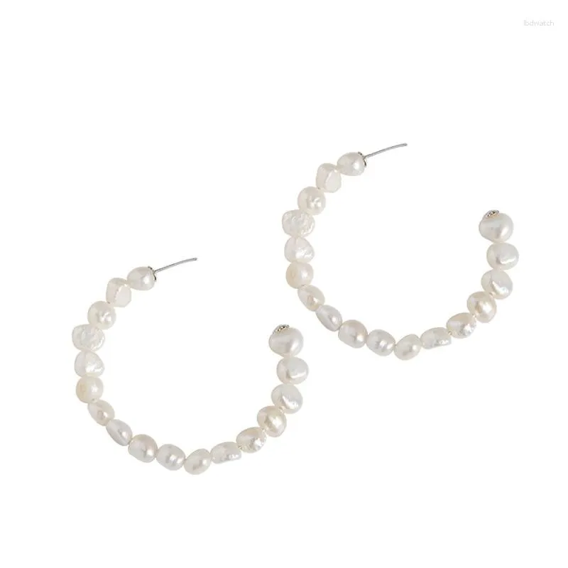 Hoop Earrings 925 Sterling Silver Baroque Pearl Versatile And Simple Style Women's Ornament ES022