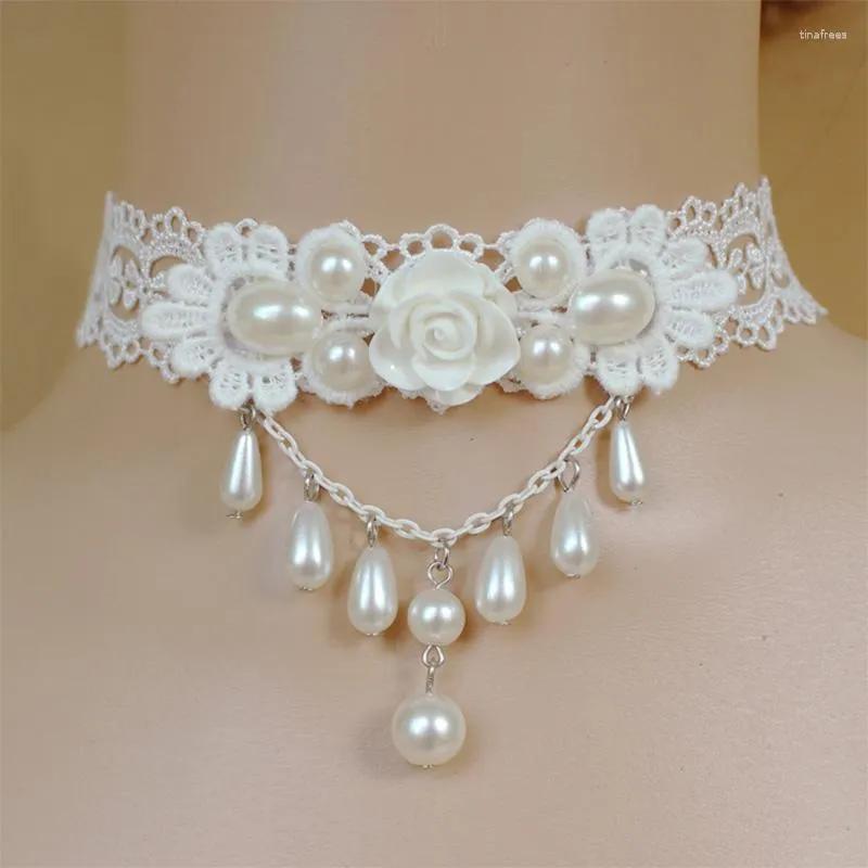 Pendentif Colliers Blanc Rose Fleur Demoiselles d'honneur Imitation Perles Dentelle Clavicule Chaîne Colliers Gothiques Bijoux De Mariage Accessoires