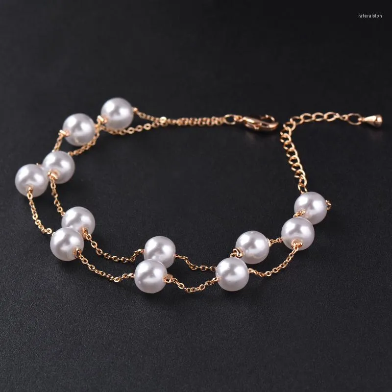 Strand LEEKER Pearl Bracelets For Woman Elegant 2 Layers Chain Rose Gold Silver Color Wedding Accessories Beach Jewelry Bijoux 061 LK4