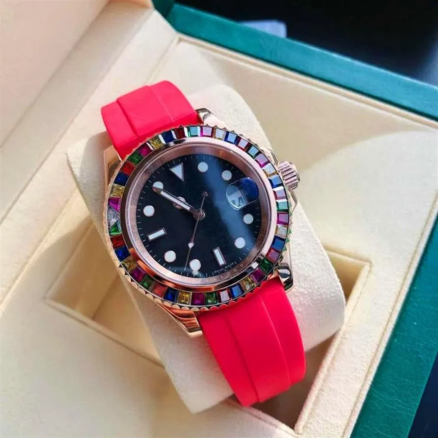 Nuevo arco iris tamaño de diamante 40 mm color correa de reloj de goma cuerda automática movimiento mecánico para hombres y mujeres moda mecánica watc273o