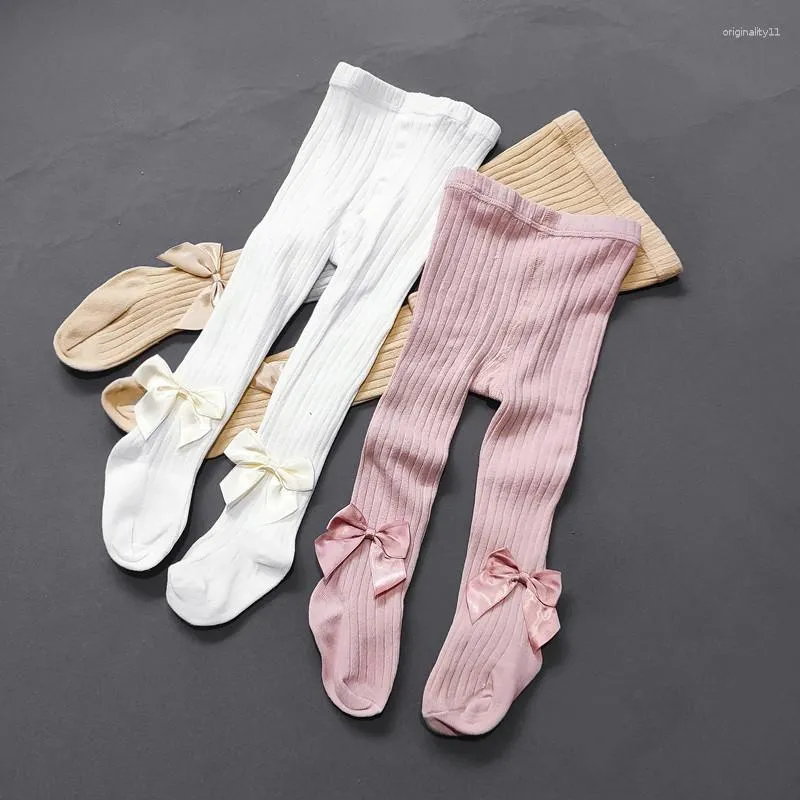 Calças babys algodão meninas grande arco meia-calça princesa calças primavera outono crianças sólida cintura alta leggings apertados