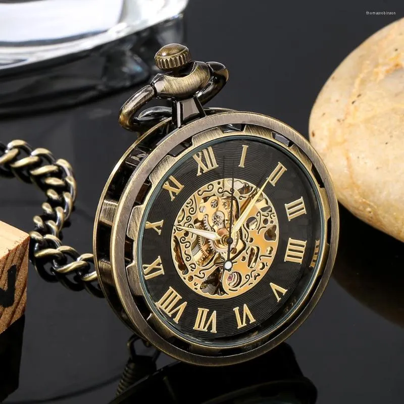 Zakhorloges Handopwindbaar Mechanisch Horloge Skeleton Romeins Cijfer Wijzerplaat Vintage Zwart/Brons/Zilver Hanger Klok Voor Mannen Verjaardagscadeautjes