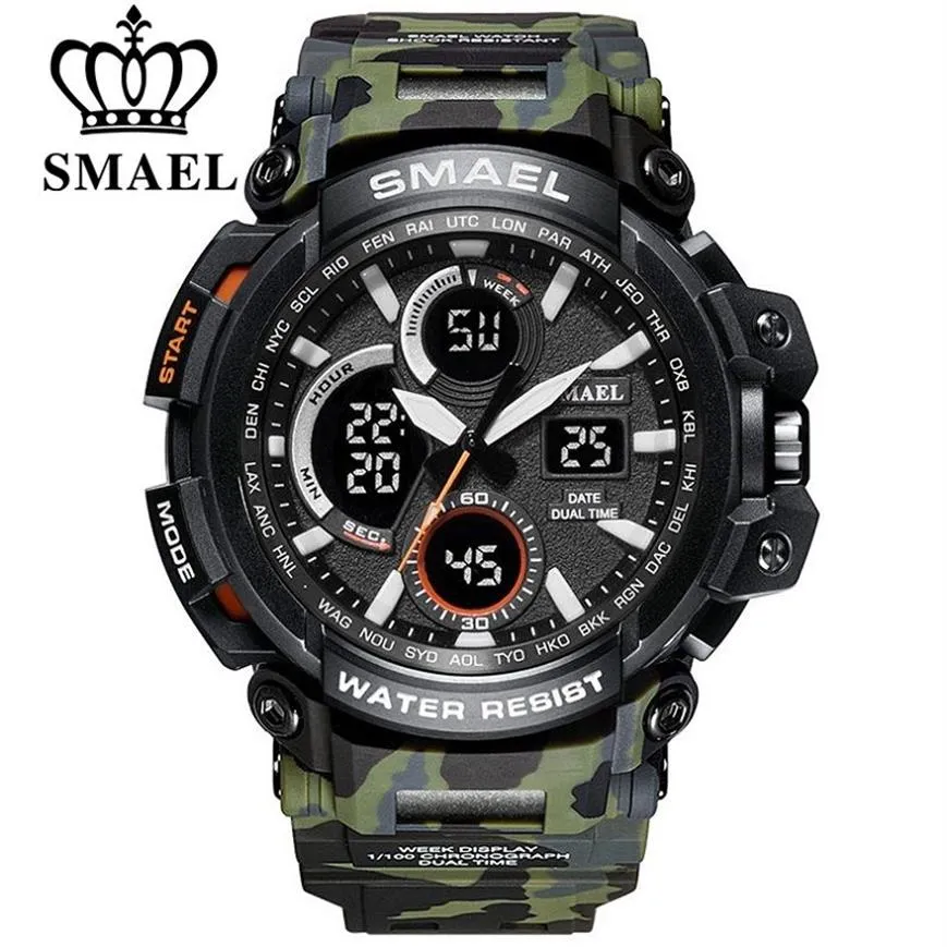 SMAEL Camouflage Militair Horloge Heren Waterdicht Dual Time Display Heren Sport Horloge Digitaal Analoog Quartz Horloges Heren 1708 210243Y