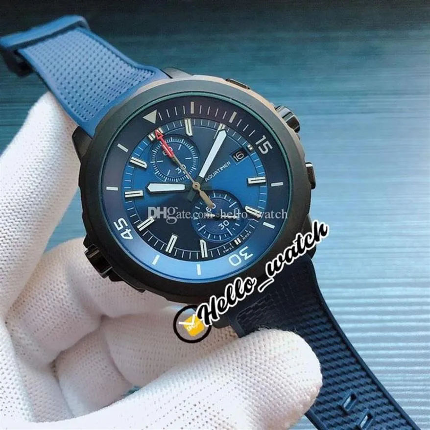 44mm Aquatimer Family Watches Chronograph Edition Laureus IW379507 블루 다이얼 Miyota Quartz Mens 시계 PVD 블랙 스틸 케이스 고무 194f