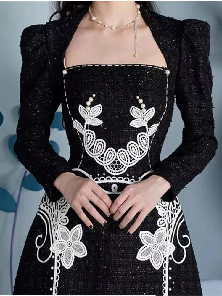 Basic Casual Dresses New Autumn Winter Vintage French Runway Style Small  Fragrance Tweed Dress Women Long Sleeve Square Neck Embroidered Beaded Dress  2024 From 48,74  | DHgate