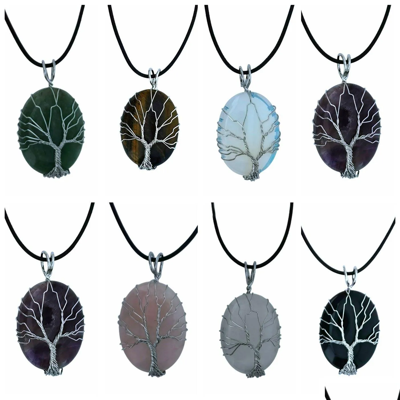 Pendentif Colliers Arbre de vie Teardrop Coeur Améthyste Opal Collier Fil de cuivre Enveloppé Pierre précieuse Guérison Chakra Drop Livraison Bijoux Dhwos