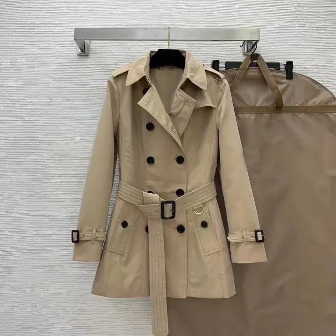 BU01 Trench Coat feminino clássico com lapela de comprimento médio elegante sobretudo trespassado jaqueta fina com cinto à prova de vento