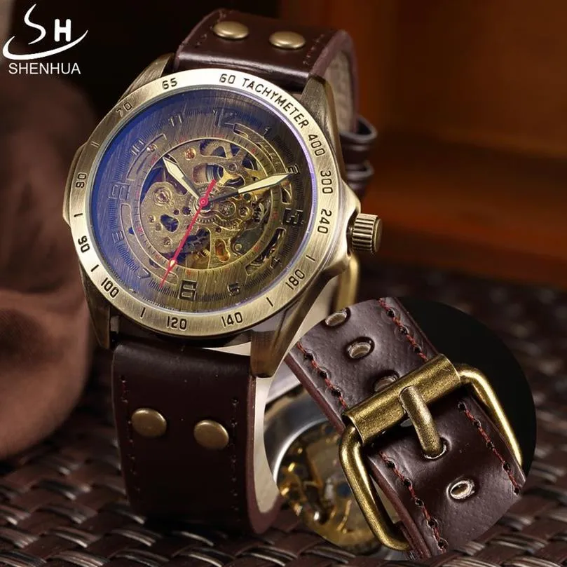 Relógio mecânico masculino shenhua retro bronze esporte luxo marca superior relógio de couro esqueleto relógios automáticos relogio masculino y19062306k