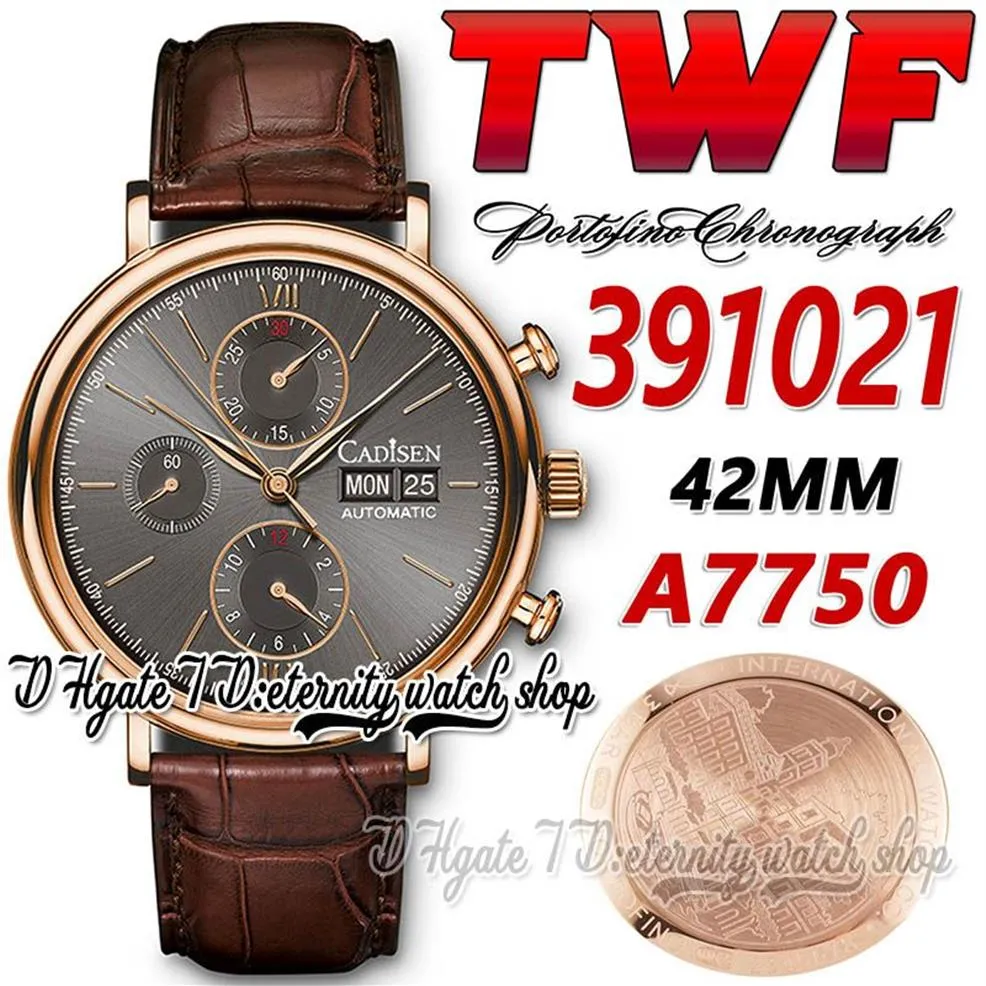 TWF 42MM Reloj para hombre tw391021 Cal 79320 A7750 Cronógrafo Automático Esfera gris Marcadores de barra Caja de oro rosa de 18 quilates Correa de cuero Super 284P