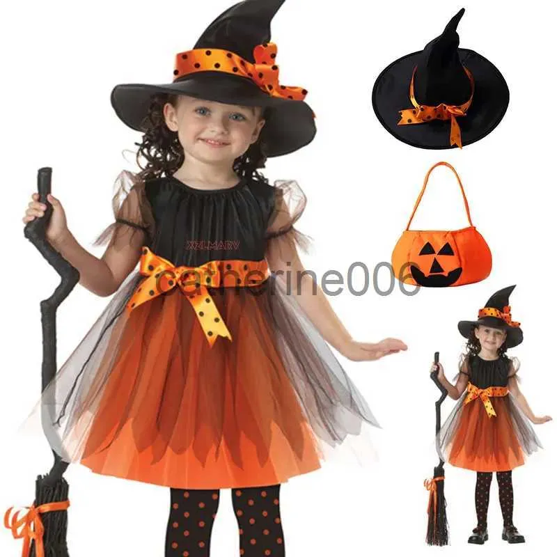 Occasioni speciali Bambini Ragazze Halloween Cosplay Costume da strega Adolescenti Abito da bambina Abito da strega infantile Set di abbigliamento Cappello Borsa da zucca Collant x1004